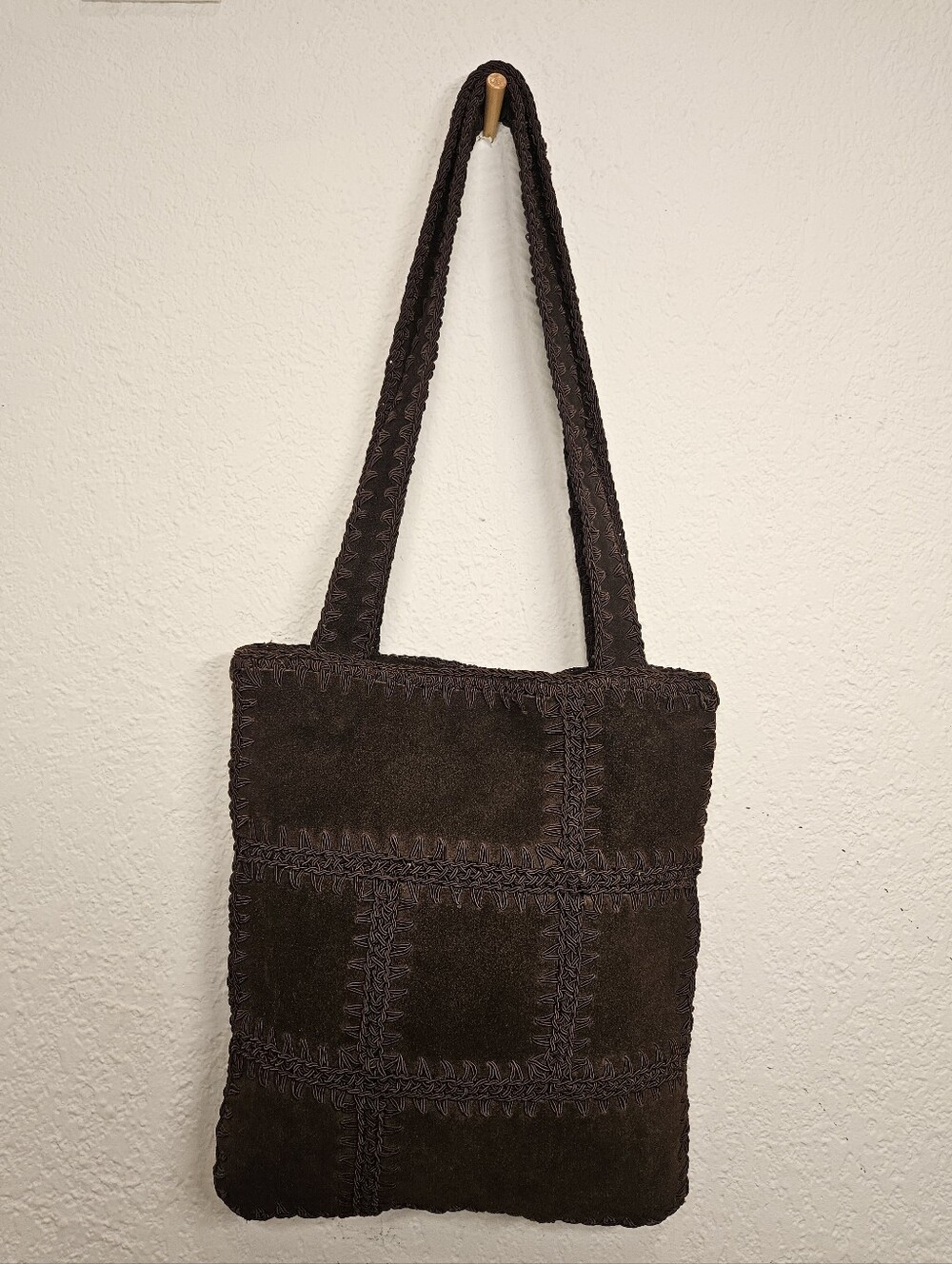 Vintage Y2K Nine West Suede Patchwork Crochet Tote Bag – Boho Dark Brown